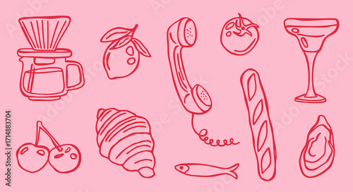 Set of coquette hand drawn doodles. Coffee dripper, lemon, phone, tomato, cocktail, cherries, croissant, baguette, fish and oyster. Ideal for social media, stickers, cafe design, branding, packaging.
