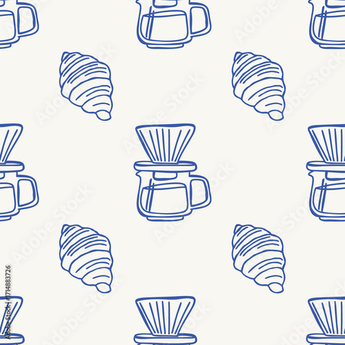 Seamless pattern with hand drawn coffee dripper and croissant in whimsical sketch style. Perfect for café branding, packaging, textile design, wallpaper, wrapping paper and menu decoration.