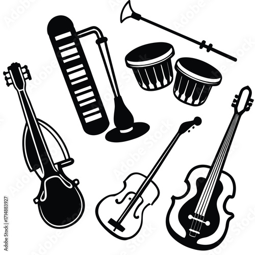 Collection of diverse musical instrument silhouettes for graphic design projects