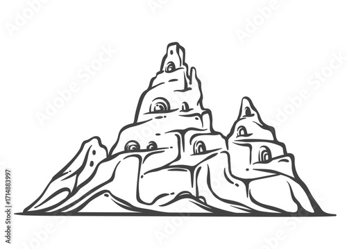 Cappadocia rock mountain with carved cave dwellings and pointed peaks, inspired by natural tuff formations. Historic travel landmark in doodle line style. Vector illustration.