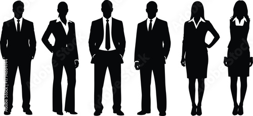 Business team silhouettes, corporate professionals, formal attire, male and female figures, diversity in workplace, leadership, teamwork, office staff, career success
