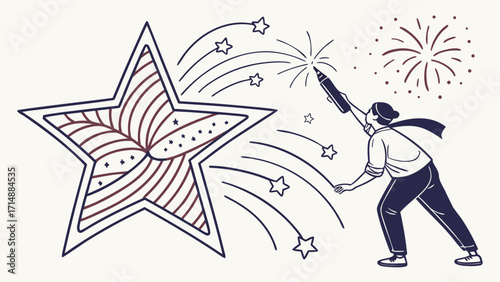 Creative Illustration of a Person Drawing a Star with Fireworks and Sparkling Effects in Artistic Style.