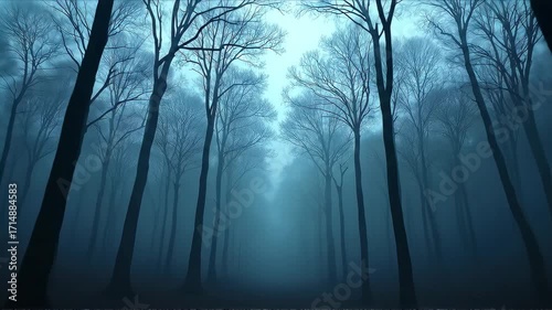 Mysterious Foggy Forest Scene with Tall Bare Trees and Soft Blue Lighting