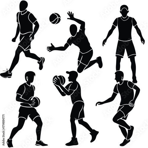Dynamic sports player silhouettes collection featuring football and basketball action poses