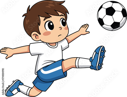 Cartoon boy playing soccer, mid-air kick, athletic pose, sports action, white shirt, blue shorts, soccer ball, energy, movement, illustration