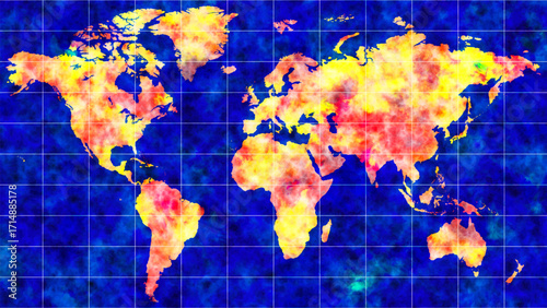 A colorful world map in a thermal visualization style, with continents in vibrant shades of red and yellow, and oceans in blue and light blue. The vector illustration is reminiscent of satellite