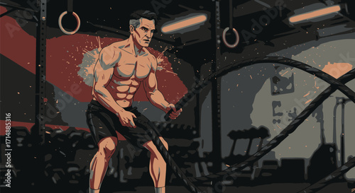 Man working out with battle ropes in a gym, intense fitness training session
