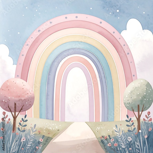 Pastel rainbow landscape with trees