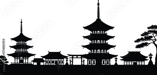 Japanese temple silhouette, traditional architecture vector, pagoda and torii gate illustration, black cultural landscape, historic Japan graphic design
