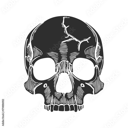 Skull With Cracks Silhouette Illustration. Symbol Of Mortality And Gothic Art. Isolated Vector Illustration