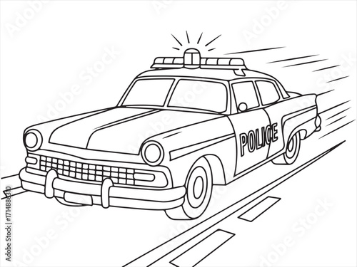 Cartoon police patrol car with siren racing on highway, kids coloring page illustration
