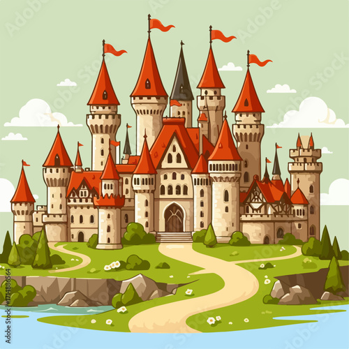 beautiful Vector flat design of a magical castle