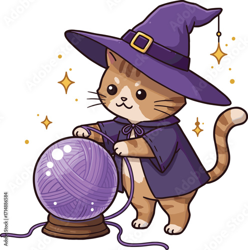 Cute Halloween witch cat in purple hat and cloak playing with magical yarn ball crystal, adorable cartoon kitten fantasy illustration