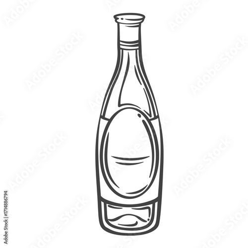Classic wine bottle with narrow neck and oval label in vintage engraved doodle style. Outline vector illustration for wine branding, packaging, bar or menu decoration.
