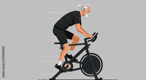 Dynamic illustration of a spirited senior man actively engaging in indoor cycling on a stationary bike, embodying healthy aging, fitness, and an energetic lifestyle