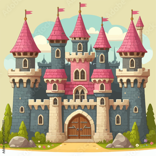 Vector flat design of a magical castle with red flag
