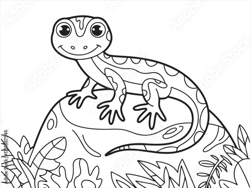 Cute cartoon lizard sitting on rock with smiling face, fun reptile character illustration in line art style, children’s coloring book design, educational animal drawing for kids