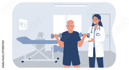 Elderly man with weights and physical therapist in rehabilitation clinic