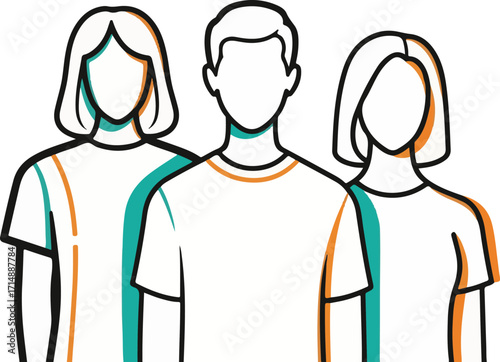 Three Faceless People in Outline Style with Vibrant Color Shadows