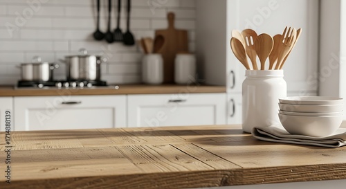 Bright Modern Kitchen Interior Design Featuring Wooden Utensils and Pots on Stove