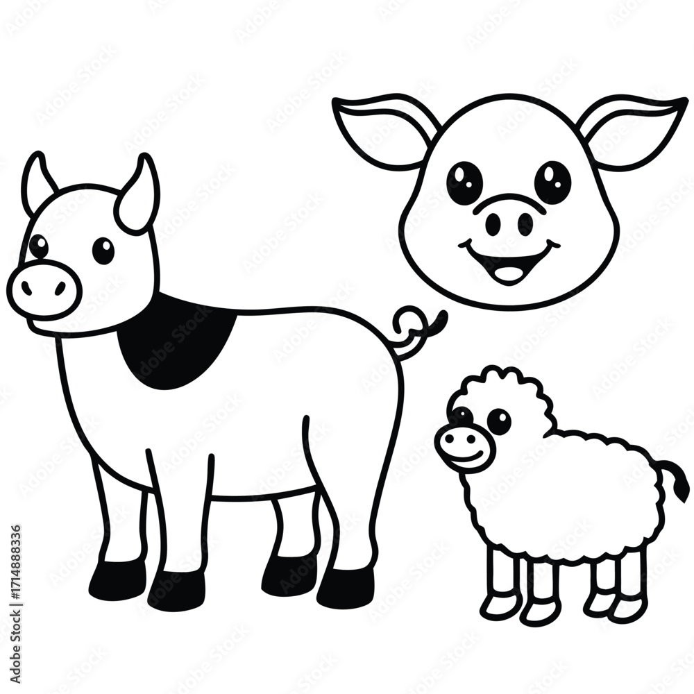 Obraz premium Adorable collection of diverse farm animals depicted in a charming colorful illustration style for children