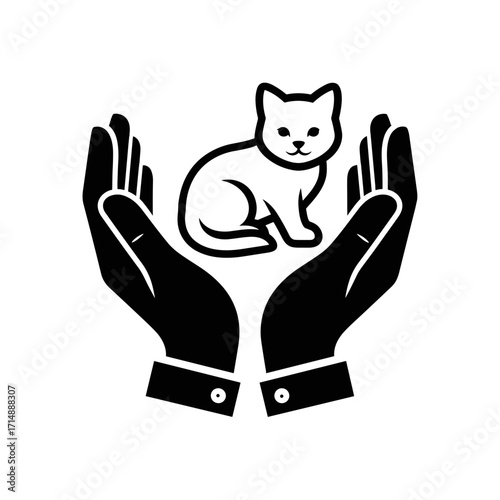 Hands protecting a sitting cat, symbolizing care and compassion on a transparent background
