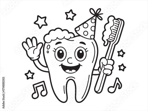 Kids dental hygiene coloring page with cute smiling tooth and toothbrush