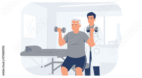 Physical Therapy Senior Man Lifting Weights with Medical Supervision