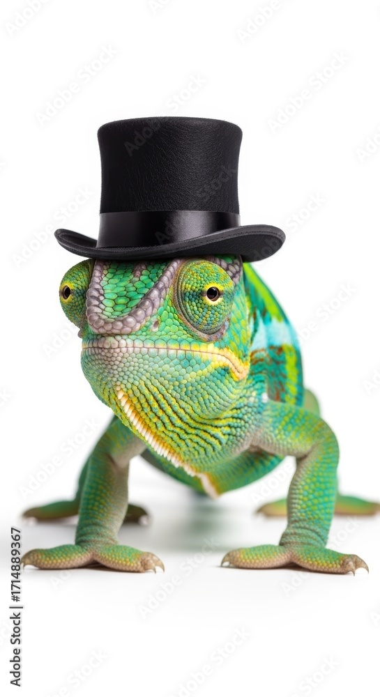 Fototapeta premium chameleon wearing a top hat, formal attire, on a solid white background