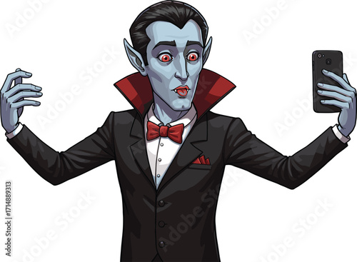 Funny cartoon vampire taking selfie with smartphone, spooky Halloween Dracula character in tuxedo and bow tie posing for picture with shocked expression