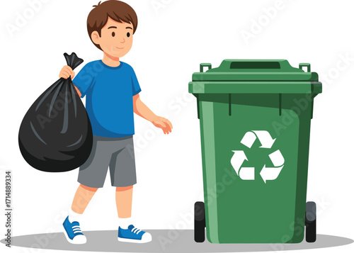 Cartoon child recycling waste, green bin, garbage bag, environmental awareness, blue shirt, sustainability, clean habits, eco-friendly, responsibility, illustration