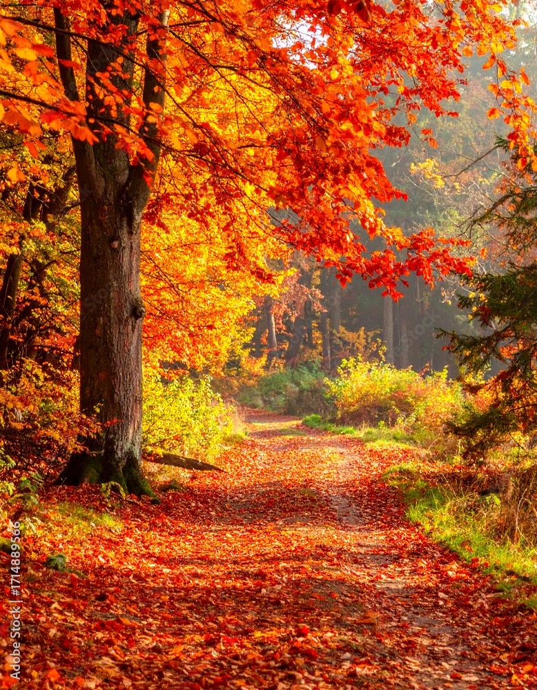Fototapeta premium Bunte Herbstblätter – Laub in warmen Farben (Rot, Orange, Gelb, Braun) auf einem Waldweg.