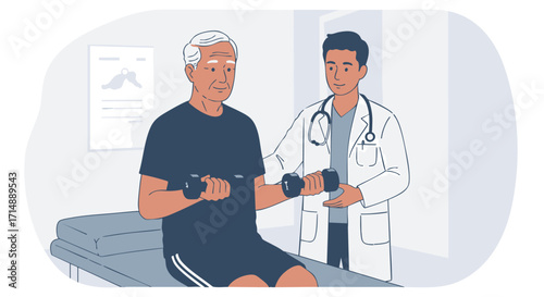 Senior's Rehabilitation Doctor Assisting Elderly Patient with Dumbbell Exercises