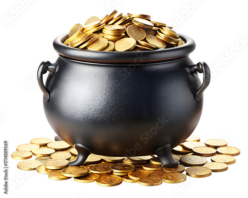 Pot full of gold coins isolated on transparent background