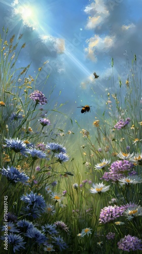 Colorful Wildflowers Bloom in a Sunny Meadow Filled With Buzzing Bees