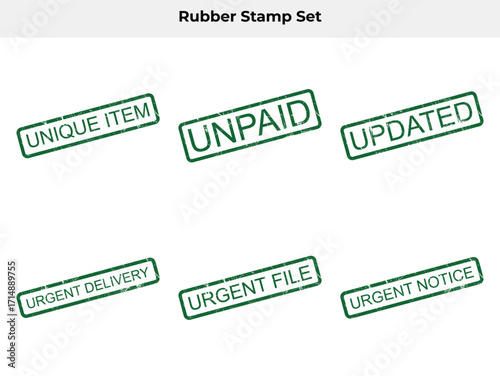 Collection of Green Distressed Rubber Stamps Unique Item, Unpaid, Updated, Urgent