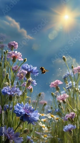 Colorful Wildflowers Blooming in a Sunny Meadow During Springtime.