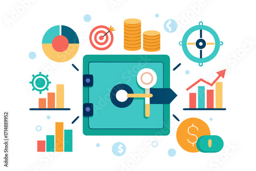 Safe with flying icons — coins, charts, keys — representing financial strategy