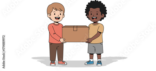 Cartoon children carrying box, teamwork illustration, cooperation, diverse kids, smiling faces, red shirt, cardboard, helping hands, friendship, outdoor moment