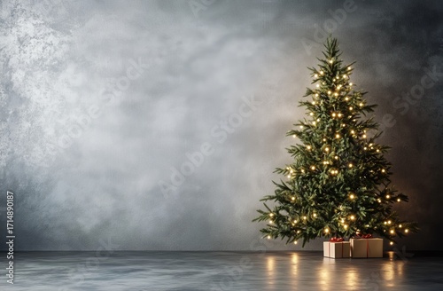 Christmas Tree With Lights and Gifts in a Soft-Lit Room During the Holiday Se...