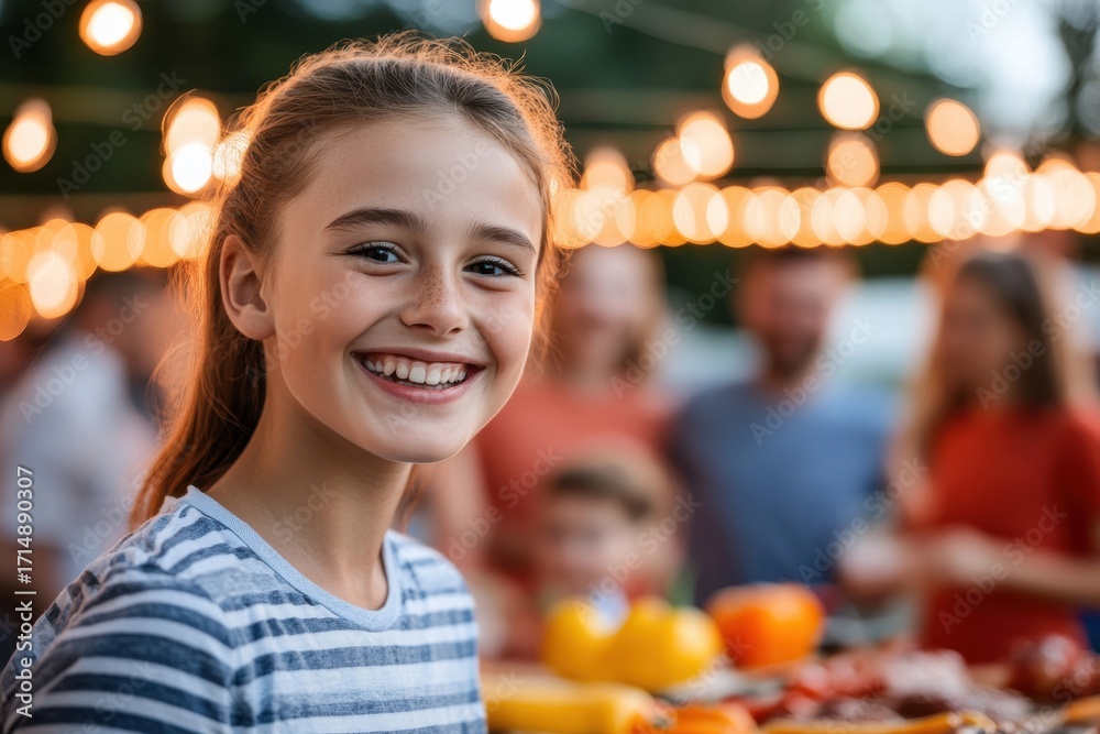 Obraz premium Joyful Girl Smiling at Outdoor Event with String Lights in Background