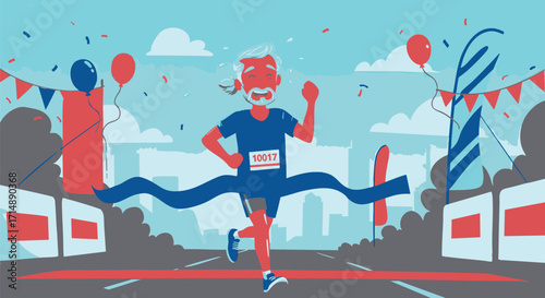 An active senior man joyfully finishing a race, crossing the ribbon at the end of a marathon. Concept of healthy aging and determination