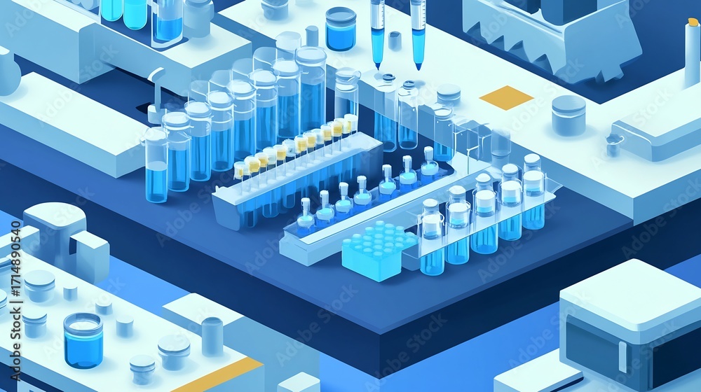Isometric view of biochemistry lab with chromatography columns and vials