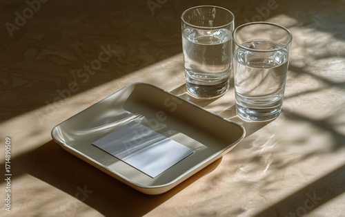 Clear Glasses of Water and Blank Cards on a Golden Tray With Soft Shadows in ...