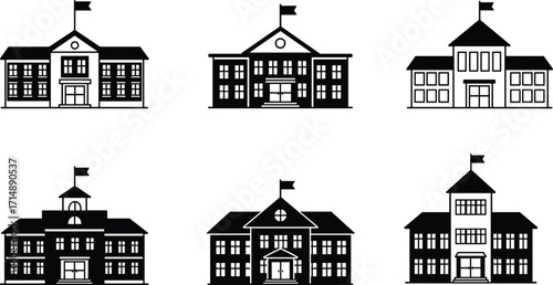 School building silhouette icons, educational architecture, black and white design, flags on rooftops, vector illustration, symmetrical layout, institutional structures, graphic set