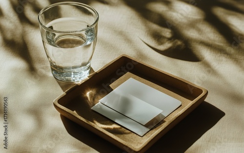 Clear Glass of Water Next to Blank Cards on a Minimalistic Wooden Tray
