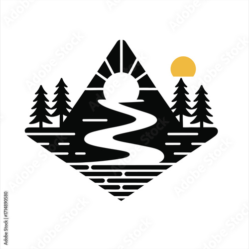 Minimalist landscape emblem with sun river and trees in a diamond shaped frame