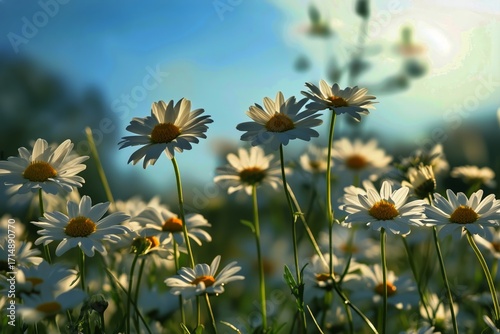 Bright Summer Daisies Bloom in a Sunny Meadow During the Late Afternoon