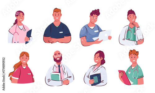 Doctors and nurses cartoon avatars set. Funny portraits of happy hospital staff, cartoon cute physician doctor, practitioner, therapist and pharmacist. Medical team collection vector illustration