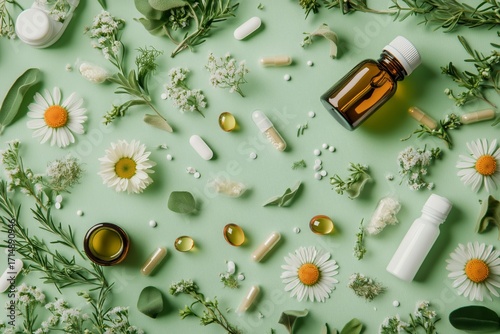 Natural Remedies Arranged on Green Surface With Herbs, Flowers, and Supplements